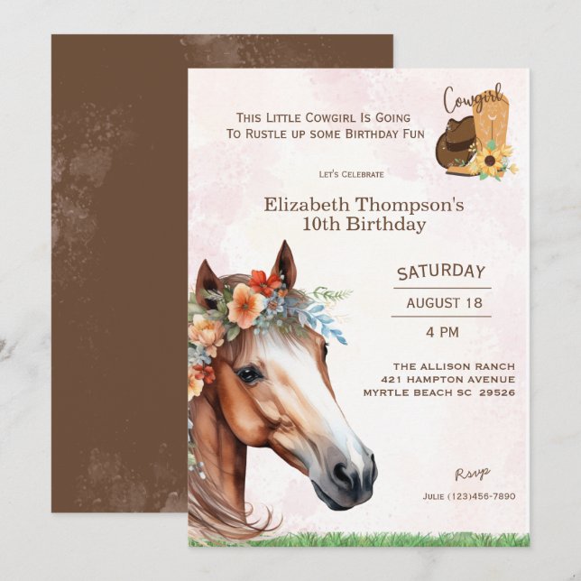 Cheval rose Floral Invitation Anniversaire (Devant / Derrière)