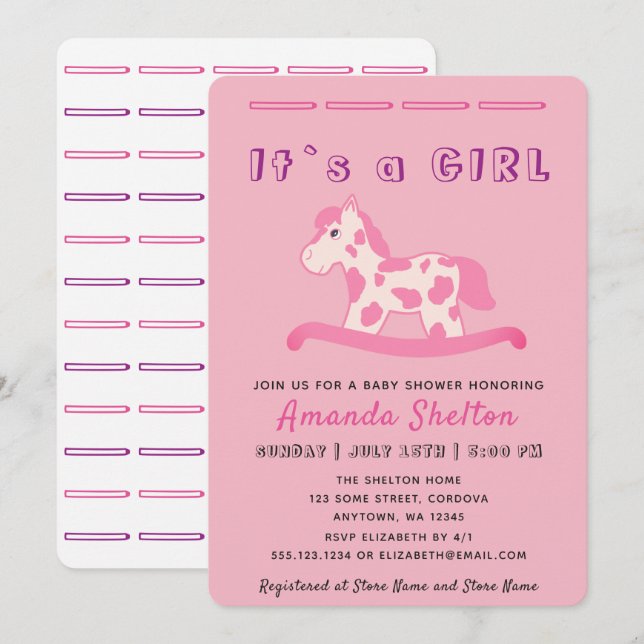 Cheval rose Rocking Baby Girl Douche Invitation (Devant / Derrière)