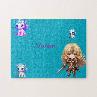 Chevalier de fille protégeant les dragons Puzzle
