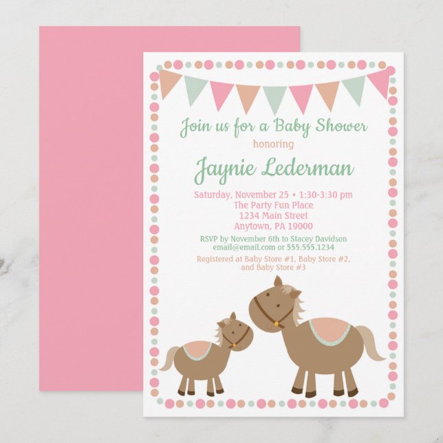 Chevaux Baby shower Invitation Pays Fille Rose (Devant / Derrière)
