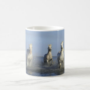 Chevaux blancs à la plage avec Mug de café océaniq