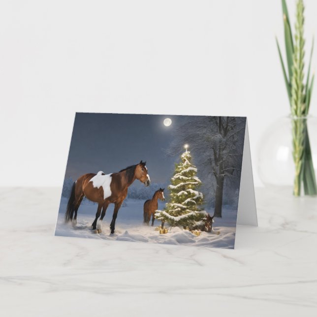 Chevaux dans la carte de voeux de Noël de neige (Devant)