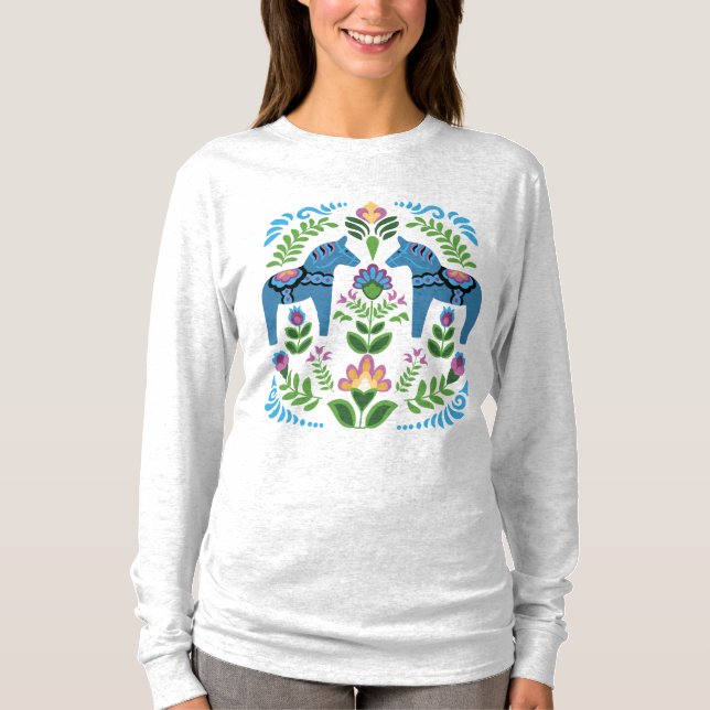 Chevaux de Dala suédois T-shirt bleu (Devant)