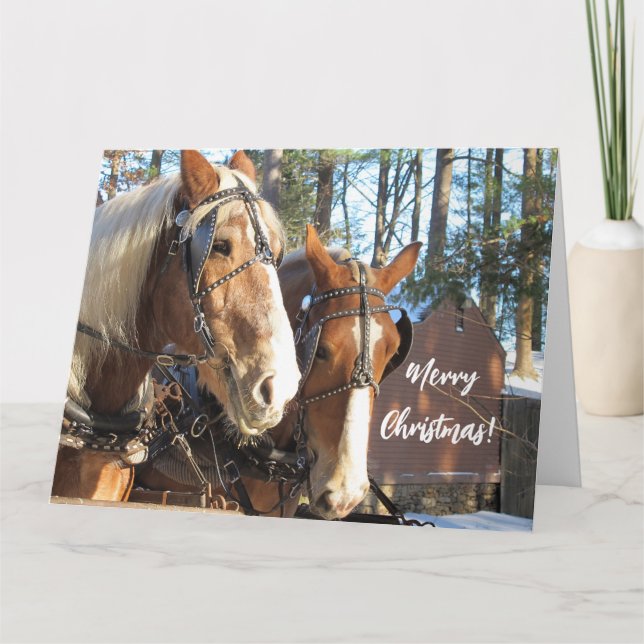 Chevaux d'hiver sur la carte de Noël du village de (Devant)