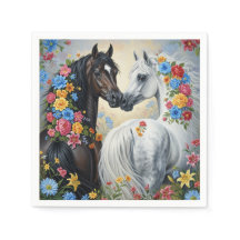 Chevaux en serviettes en papier encadrés de fleurs