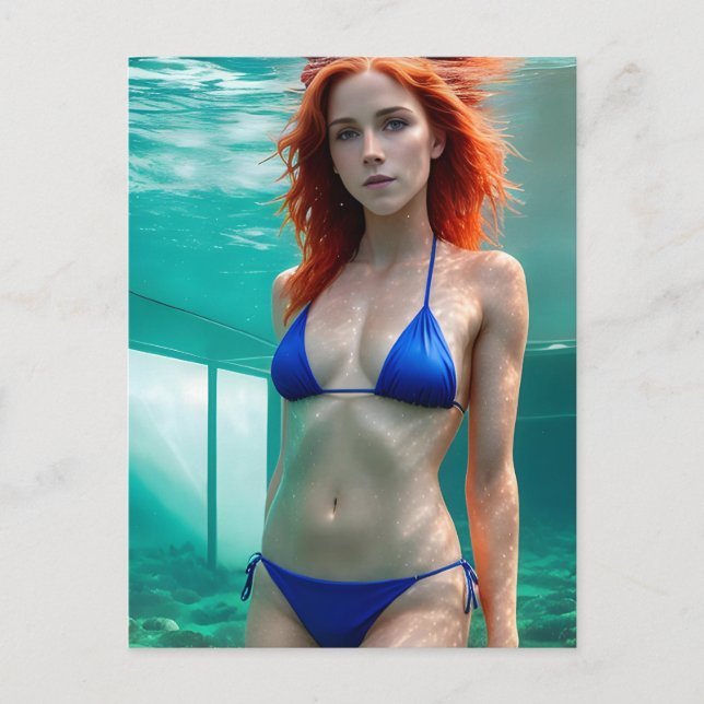 Cheveux rouges Bikini bleu sous l'eau Carte postal (Devant)