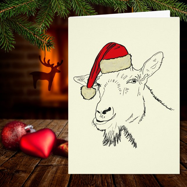 Chèvre portant une illustration de chapeau de Père (Christmas goat wearing a santa hat simple farm animal drawing holiday greetings card)