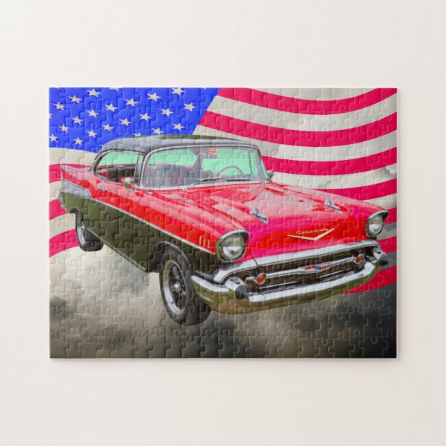 Chevrolet-Bel Air 1957 und -amerikanische Flagge (Horizontal)