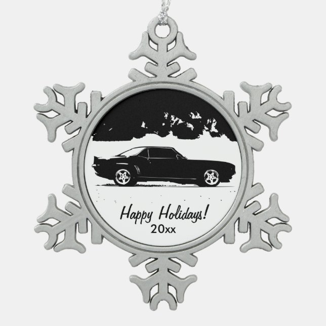 Chevrolet- Camarorollen-Schuss Schneeflocken Zinn-Ornament (Vorderseite)