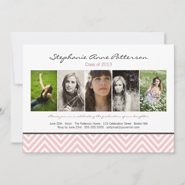 Chevron Chic 5 Faire-part de diplôme de photo rose (Devant)