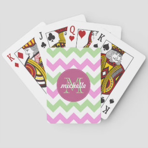 Chevron Light Pink Green Monogram Circle Stitches Spielkarten