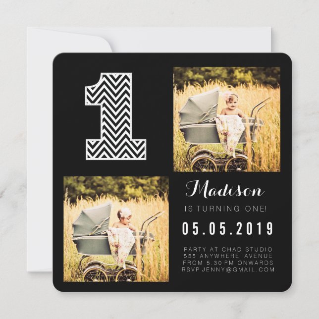 Chevron noir et blanc 1er anniversaire Cartes phot (Devant)