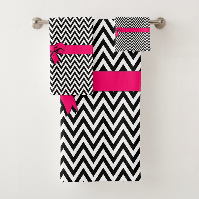 Chevron noir et blanc avec nœud rose vif (En situation)