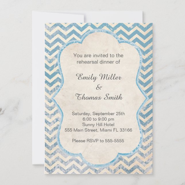 Chevron Rustic Blue Probe Dinner Einladung (Vorderseite)