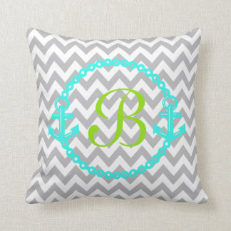 Chevron Teal et coussin vert de monogramme d'Ancre