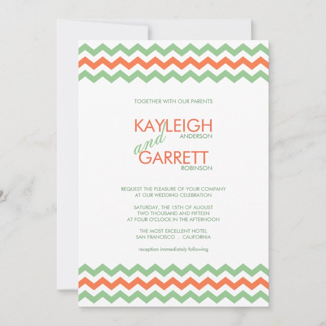 Chevron ZigZag Mint Orange Wedding Invitations (Devant)
