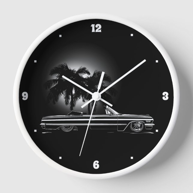 Chevy Sixties Black Convertible Palm Trees Graphic Uhr (Vorderseite)