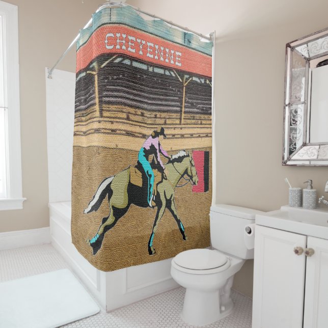 Cheyenne-Rodeo-Cowgirl-Fass-Laufen Duschvorhang (Beispiel)