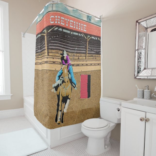 Cheyenne-Rodeo-Cowgirl-Fass-Rennläufer Duschvorhang (Beispiel)