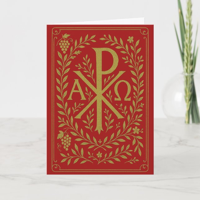 Chi Rho Alpha Omega Gold Symbol auf Rot Karte (Vorderseite)