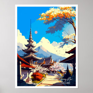 Chiang May Thailand Vintage Travel Illustration Poster