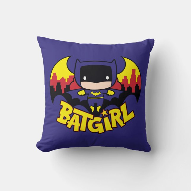 Chibi Batgirl mit Gotham Skyline & Logo Kissen (Vorderseite)