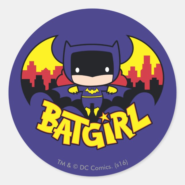 Chibi Batgirl mit Gotham Skyline & Logo Runder Aufkleber (Vorderseite)