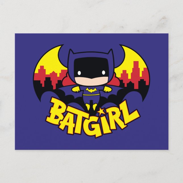 Chibi Batgirl mit Gotham Skyline und Logo Postkarte (Vorderseite)