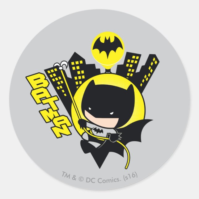 Chibi Batman skaliert die Stadt Runder Aufkleber (Vorderseite)