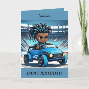 Chibi Boy dreads voiture de course carte d'anniver