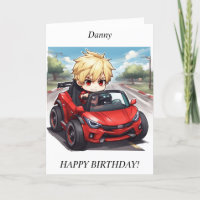 Chibi Boy voiture de course Carte d'anniversaire