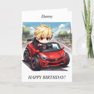 Chibi Boy voiture de course Carte d'anniversaire