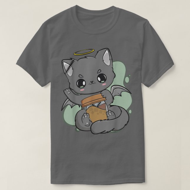 Chibi Cat and Coffee Cup Neko Gothic Yume Kawaii C T-Shirt (Design vorne)
