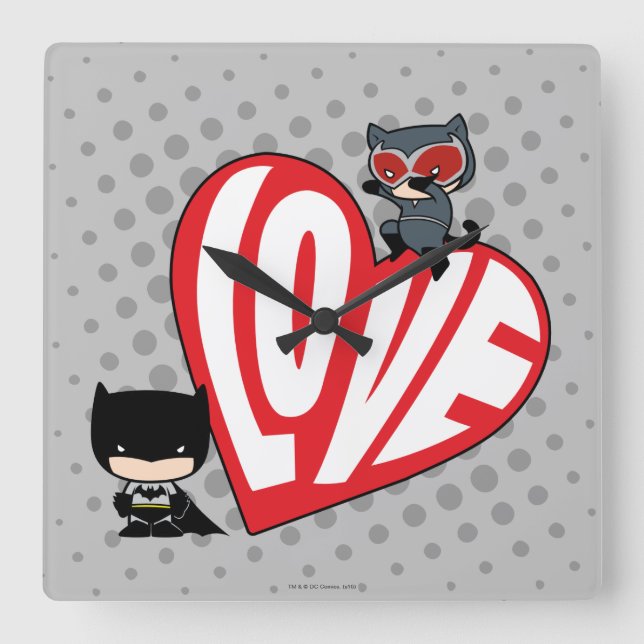 Chibi Catwoman Pounce zu Batman Quadratische Wanduhr (Vorderseite)