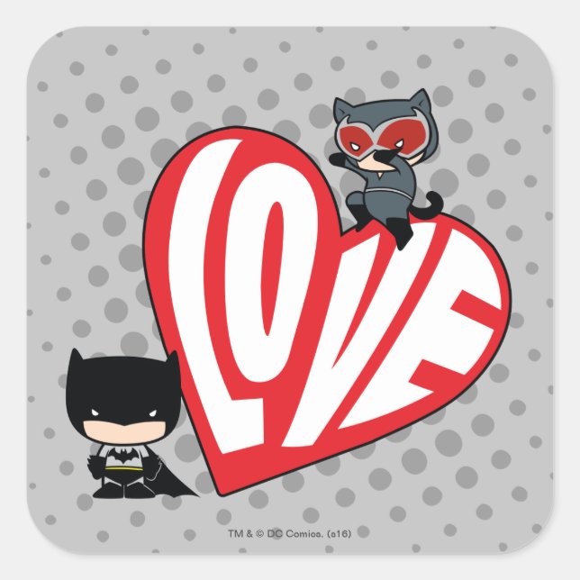 Chibi Catwoman Pounce zu Batman Quadratischer Aufkleber (Vorderseite)