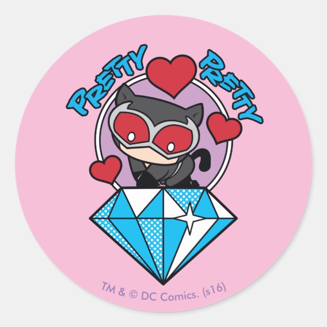Chibi Catwoman sitzt oben auf großen Diamanten Runder Aufkleber (Vorderseite)