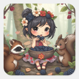 Chibi Fairy Eating Blackberries with Forest Friend Quadratischer Aufkleber