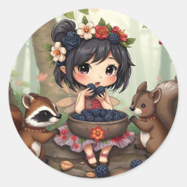 Chibi Fairy Eating Blackberries with Forest Friend Runder Aufkleber