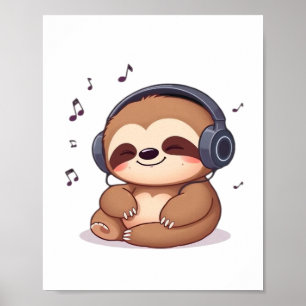 Chibi Faultier mit Kopfhörern � Süße Kawaii entspa Poster