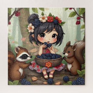 Chibi-Fee, die mit ihrem Wald Freund Brombeeren is