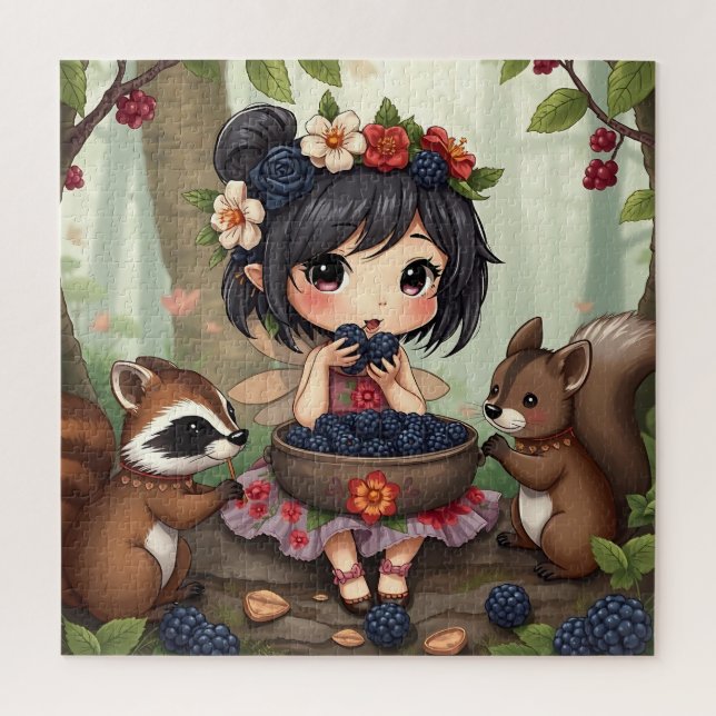 Chibi-Fee, die mit ihrem Wald Freund Brombeeren is (Vertikal)