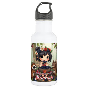 Chibi-Fee, die mit ihrem Wald Freund Brombeeren is Edelstahlflasche