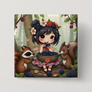Chibi-Fee, die mit Waldtieren Brombeeren isst Button