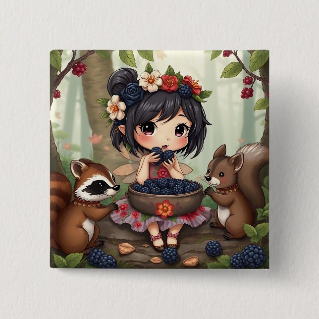Chibi-Fee, die mit Waldtieren Brombeeren isst Button (Vorderseite)