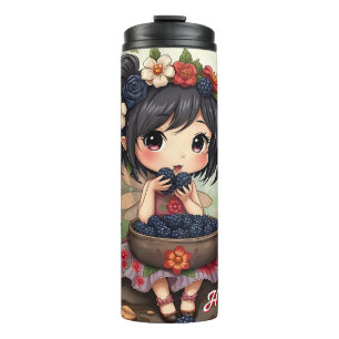 Chibi-Fee, die mit Waldtieren Brombeeren isst Thermosbecher