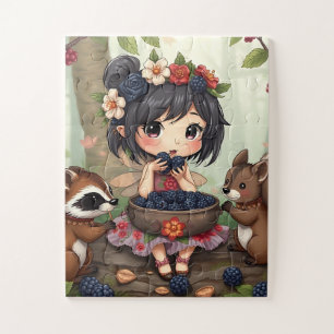 Chibi-Fee isst Brombeeren mit Waldtieren