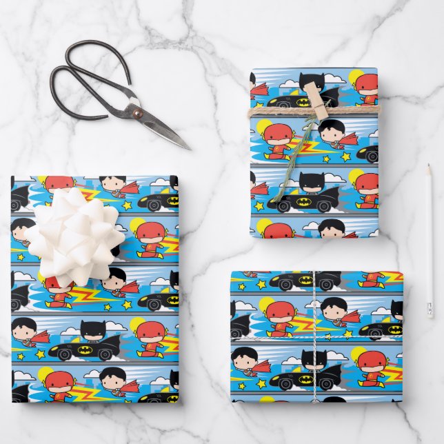 Chibi Flash, Superman und Batman Racing Pattern Geschenkpapier Set (Vorderseite)