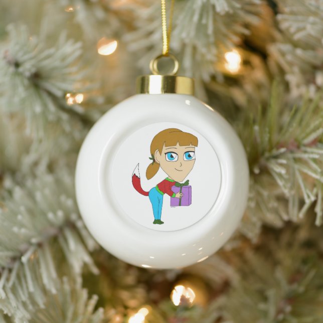 chibi Füchsin Mädchen    Keramik Kugel-Ornament (Baum)