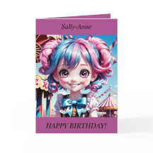 Chibi Girl rose/bleu cheveux souriants Carte d'ann