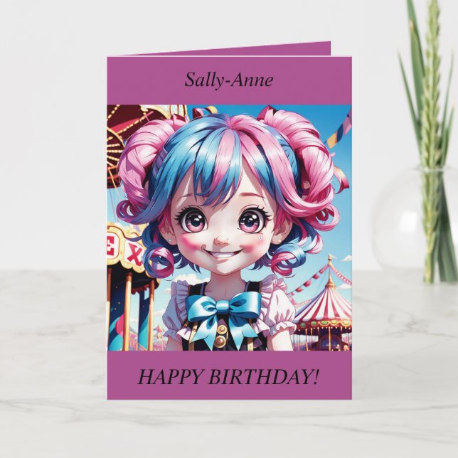 Chibi Girl rose/bleu cheveux souriants Carte d'ann (Devant)